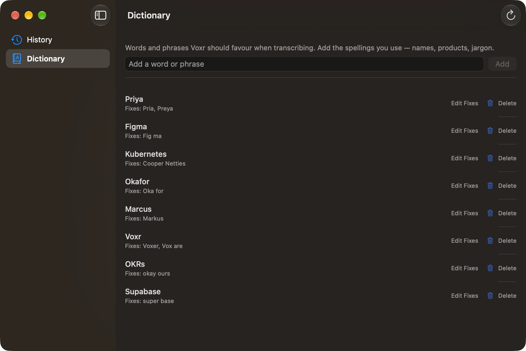 Dictionary window listing custom words and the misspellings they fix