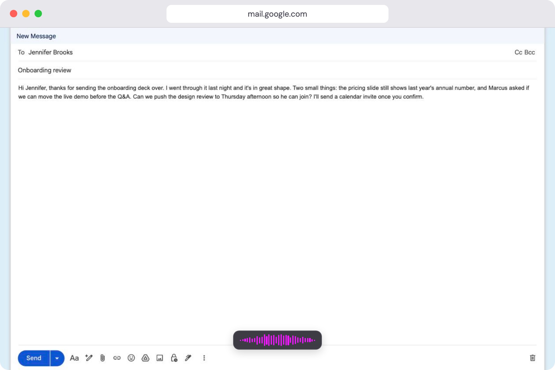 Gmail compose window with a dictated email and the Voxr recording indicator below it