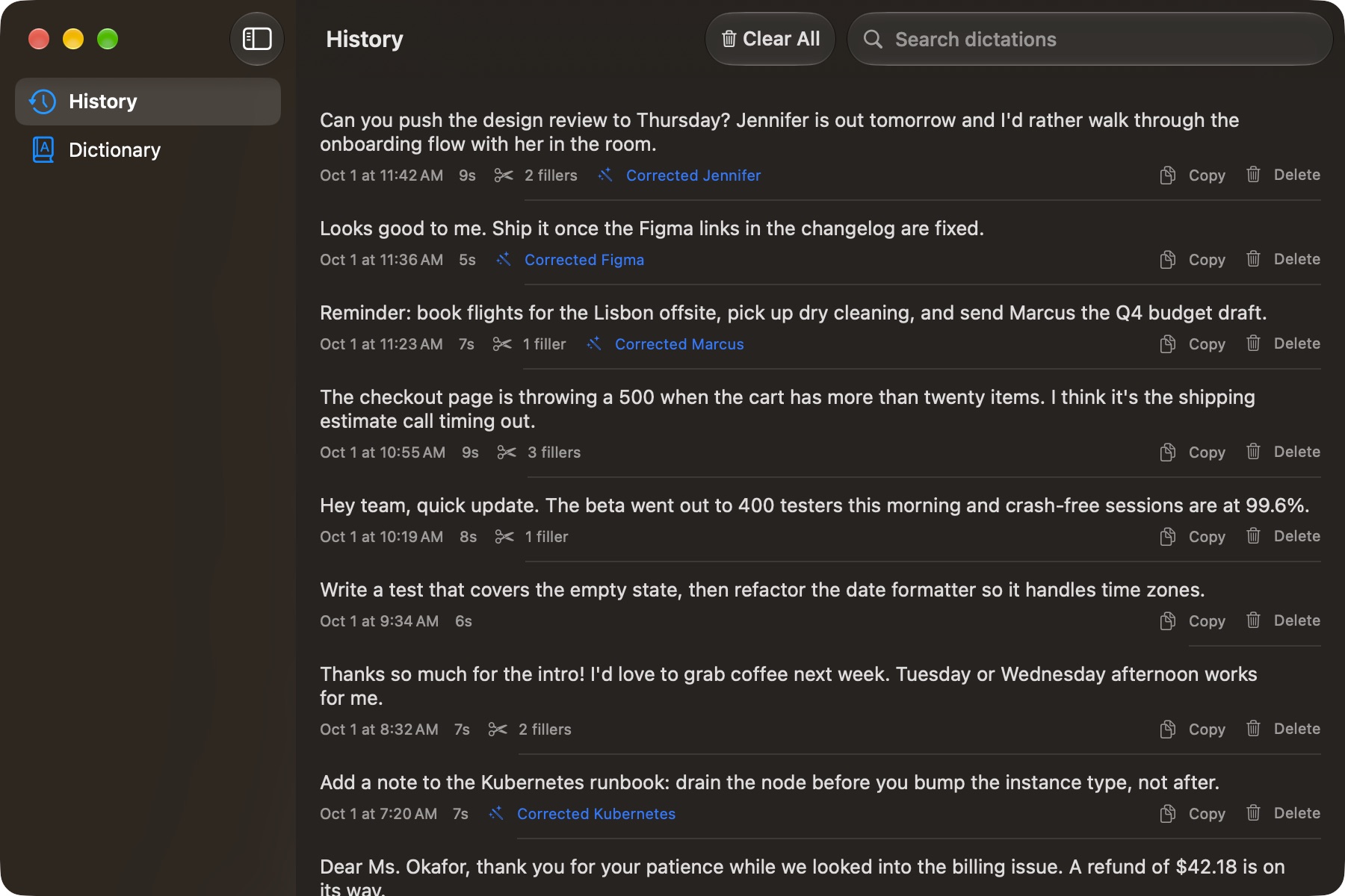History window listing recent dictations with copy and delete buttons