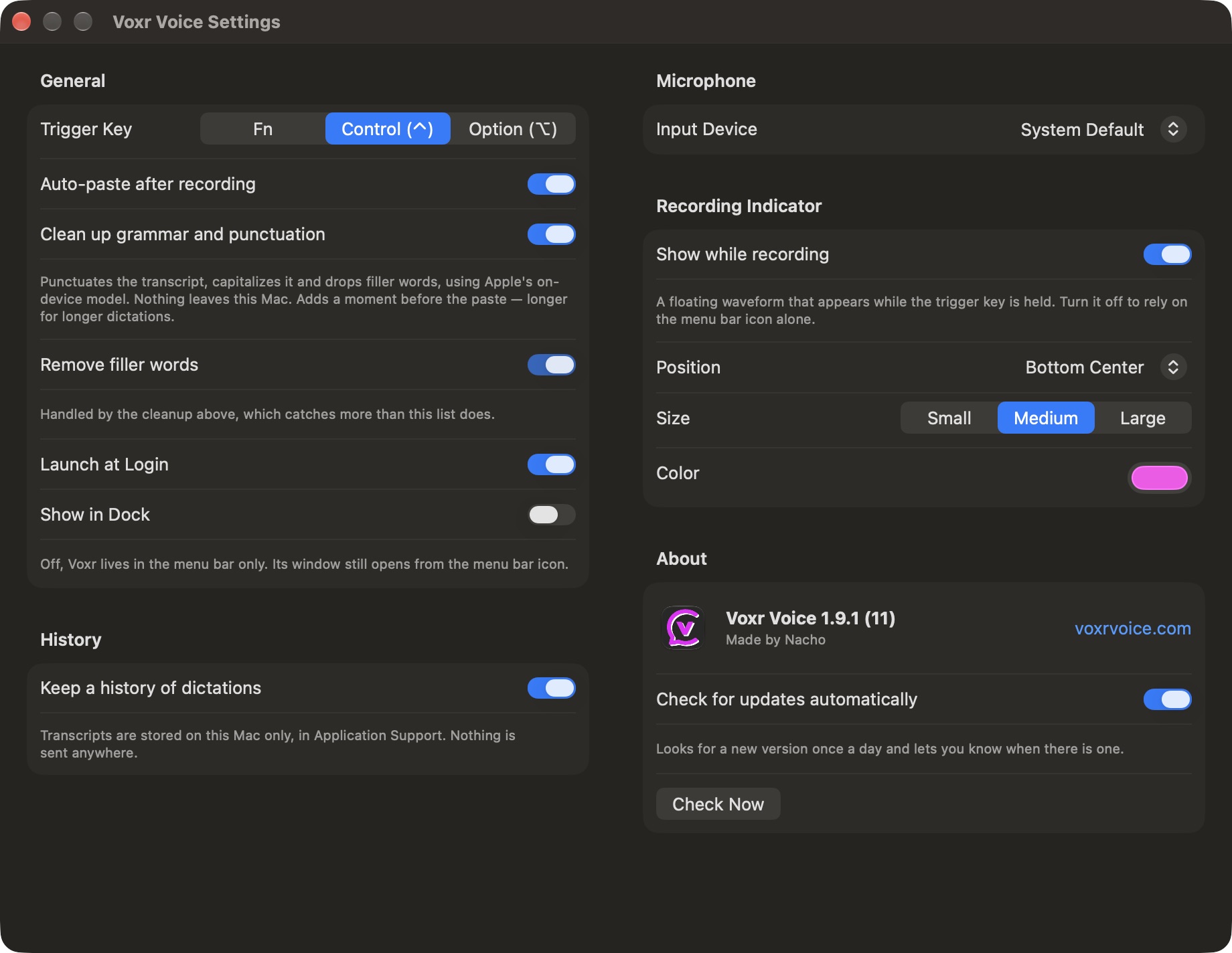 Settings window with trigger key, cleanup, microphone and recording indicator options